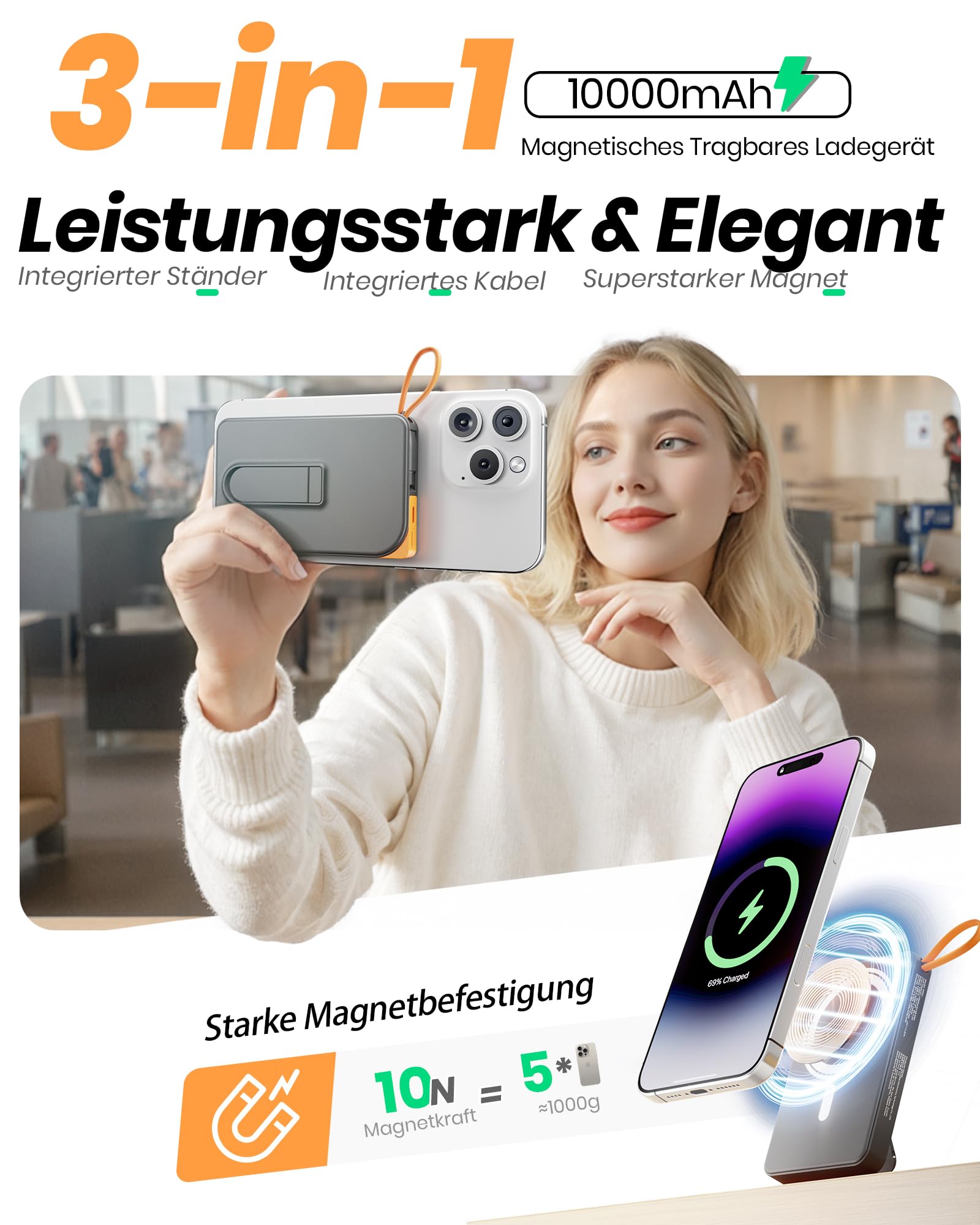 Power Bank für MagSafe iPhone 10000mAh, 3 in 1 Magnetische Schnellladen PowerBank for i-Phone Air 17/16/15/14/13/12, Wireless Powerbanks Handy mit integriertem USB-C Kabel & Ständer für Android 2