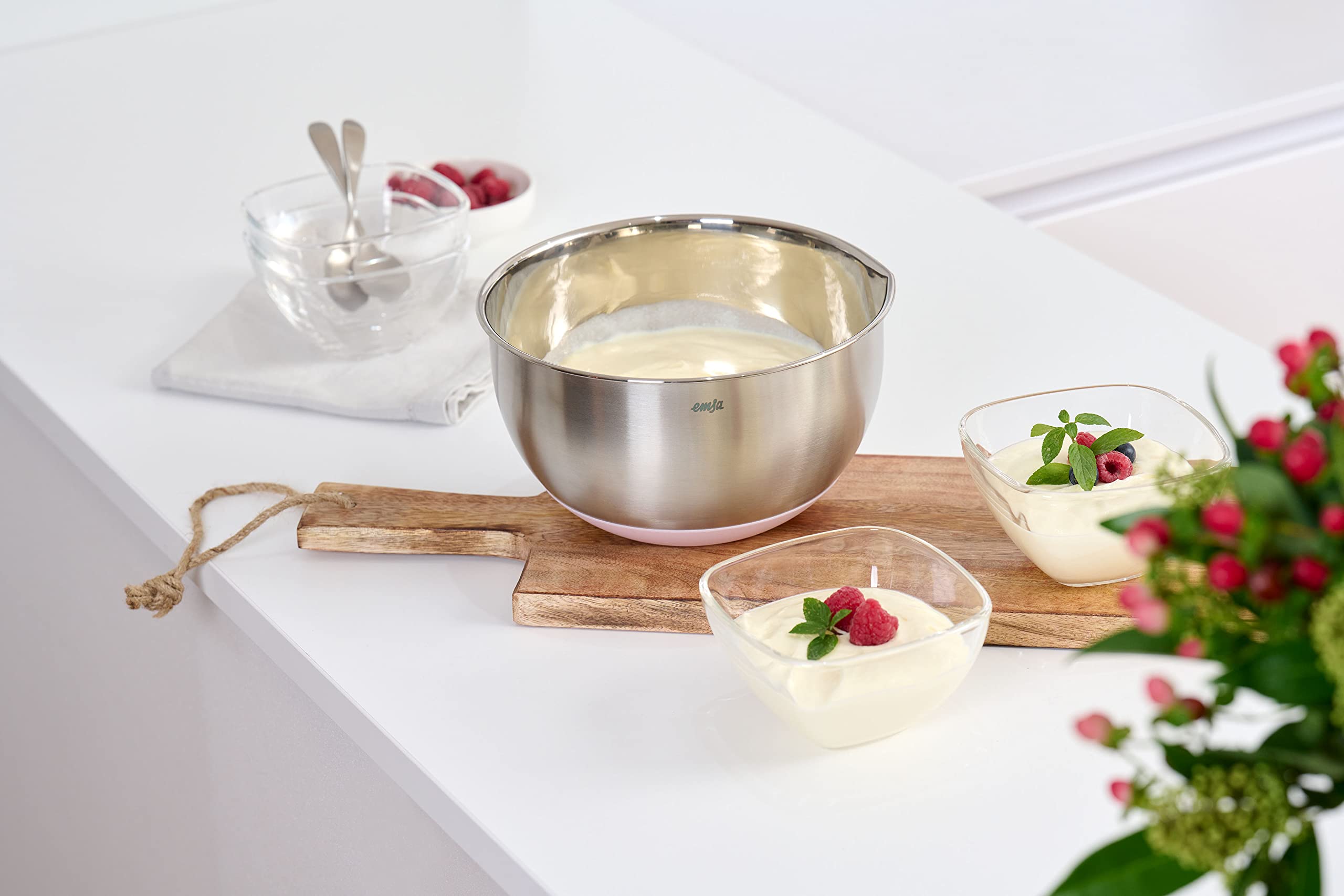 Emsa Prep&Bake Rührschüssel aus Edelstahl 18 cm, Rutschfester Boden, Kratzfest, Edelstahl Schüssel mit Ausgießrand, Stapelbar, Rosa, K3271834 6