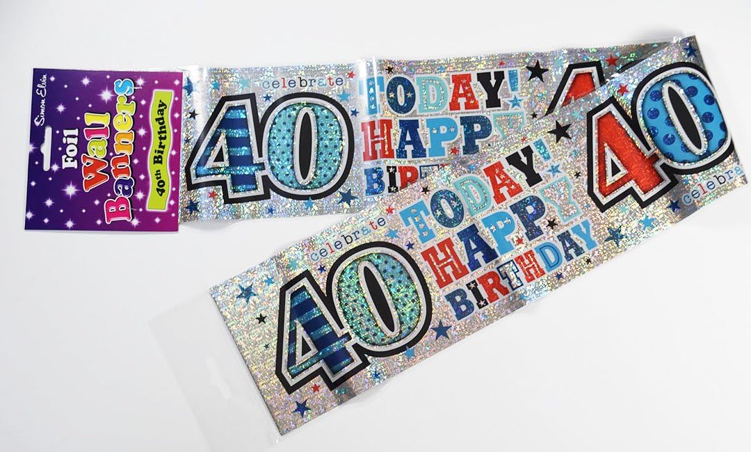 Happy 40th Birthday Banner Male Mens Silver Holographic Foil Party Decoration