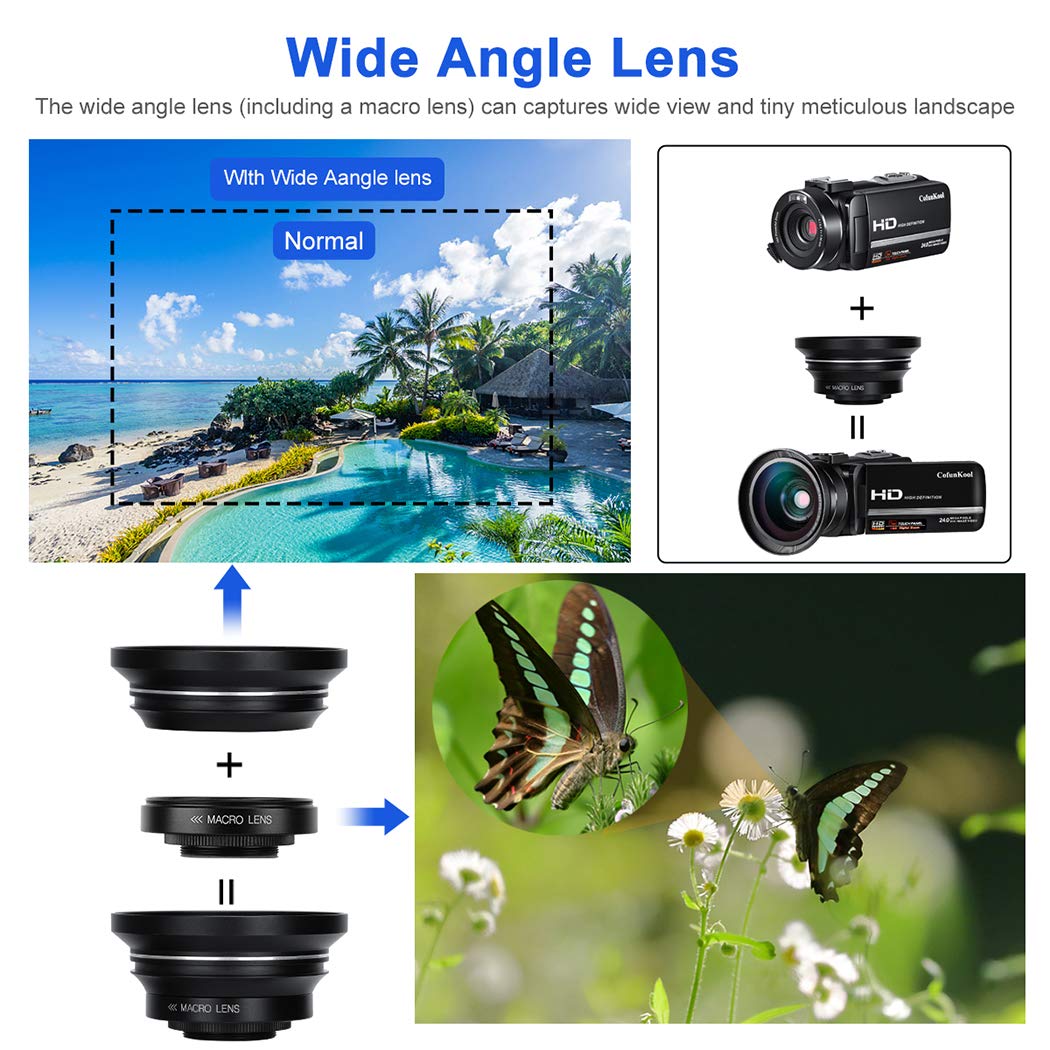 Videokamera Camcorder, Cofunkool 1080P Full HD 16X Digital Zoom Nachtsicht Vlogging Kamera mit externem Mikrofon Weitwinkelobjektiv Fernbedienung