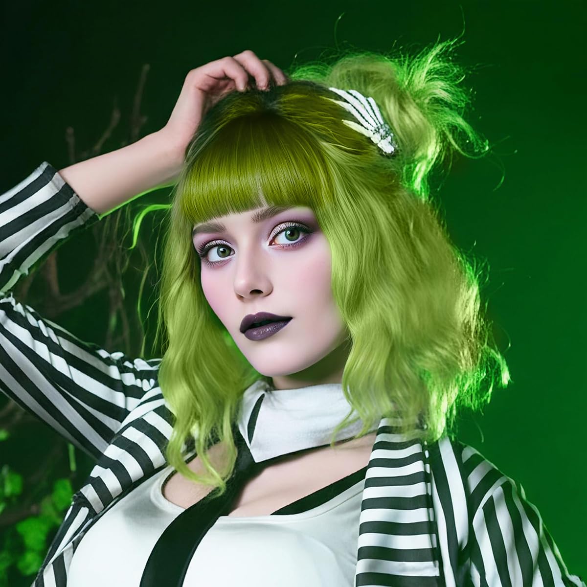 Yamel Beetlejuice wig Wavy Bob Wig with Bangs Natural Ombre Green Wig Synthetic Hair Shoulder Length Short Curly Wigs for Women — image 1