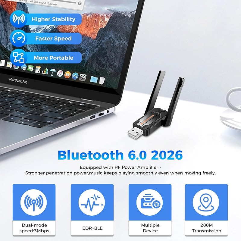Bluetooth Adapter 6.0 Mit Großer Übertragungsreichweite für PC Windows 11/10/8.1, USB Dongle für Bis zu 5 Geräte simultan, Große Reichweite, Niedrige Latenz