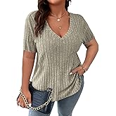 Koscacy Women's Plus Size Casual Tops V Neck Solid Color Shirts Lightweight Short Sleeve Blouses