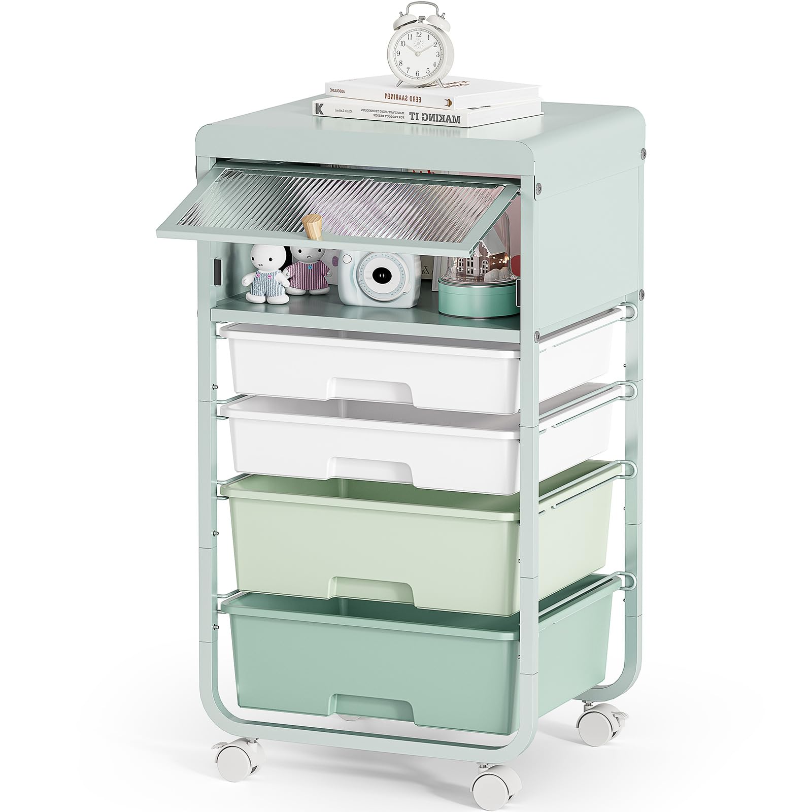 Photo 1 of **MISSING LEGS** SYKIARIOL Utility-Rolling-Storage-Drawer-Craft-Cart-Organizers with 4 Drawers & Dust-proof Door for Kid Craft Art Room,Bedroom,Home Office, 4 Tiers Drawer cart, Green