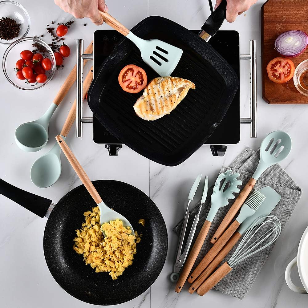 Silicone Kitchen Utensils Set, 12Pcs Kitchen Cooking Utensils Set with Hook, BPA Free Non-toxic Kitchen Gadgets Set, Heat-resistant Kitchen Tool Set with Wooden Handle, Best Kitchen Utensils Gift: Kitchen & Dining