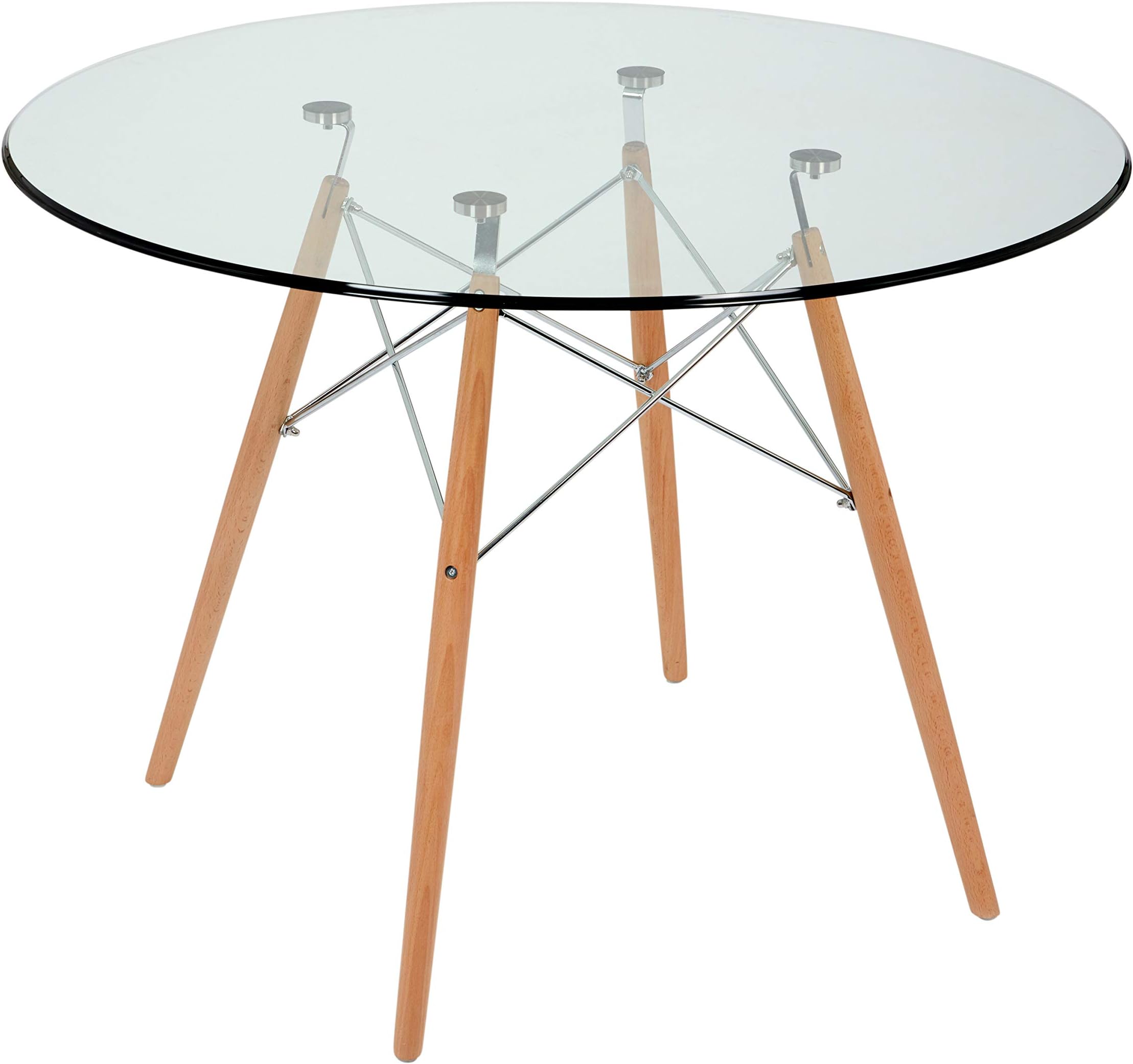FUSIONWELL Eiffel Style Dining Table Round Glass Top with Natural Beech wood Legs (Size: 100cm)
