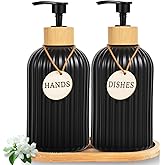 2 Pack ViserVita Glass Hand Soap Dispenser Set with Bamboo Pump, Elegant Refillable Liquid Dish Soap Dispenser with Tray, Perfect for Kitchen Sink and Bathroom Decor