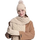 2THESTARS Womens Winter Beanie Hat Gloves Scarf Set Warm Fleece Knit Hat Long Scarf Gloves Touch Screen 3 in 1 Warm Gift Set