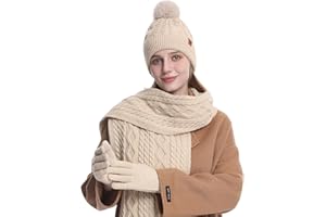 2THESTARS Womens Winter Beanie Hat Gloves Scarf Set Warm Fleece Knit Hat Long Scarf Gloves Touch Screen 3 in 1 Warm Gift Set