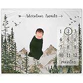 Yuzioey Adventure Awaits Milestone Blanket, Forest Mountain Baby Growth Chart Monthly Blanket, Watch Me Grow Woodland Mountain Tree Baby Nursery Shower(50"x40")