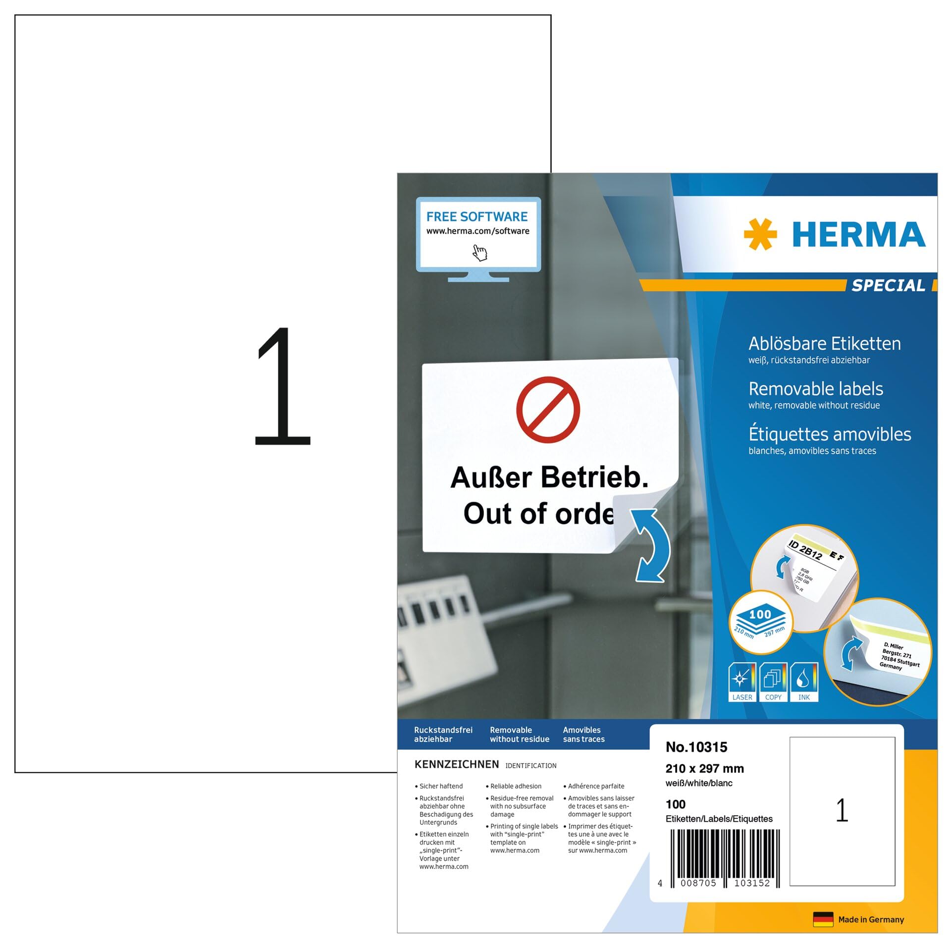 HERMA 10315 Removable labels A4 210x297 mm white Movables/removable paper matt 100 pcs.