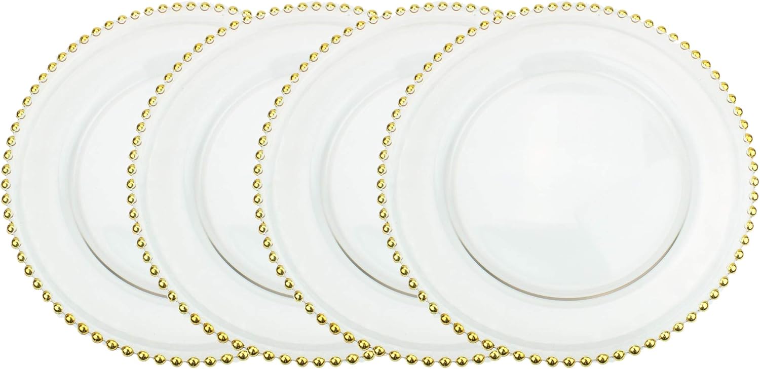  | Clear Glass Charger 12.6 Inch Dinner Plate With Beaded Rim - Set of 4 - Gold: Charger & Service Plates