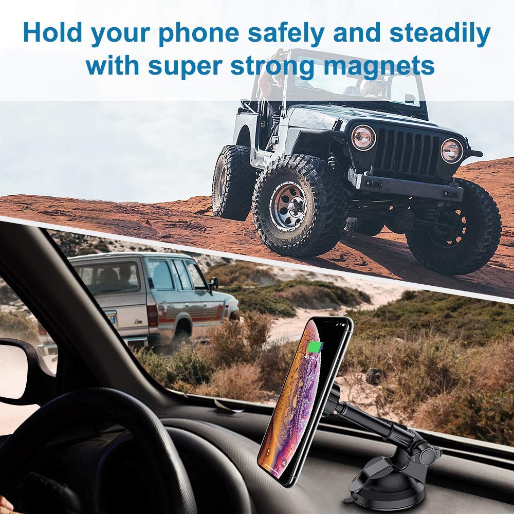 AIRGINE Magnetic Phone Car Mount Holder, Mobile Phone Cradle with 6 Strong Magnets for Dashboard and Windshield,Metal Telescopic Arm for iPhone Xs Max/XR/XS/X/8/7/6/6S, Galaxy S9/S8/S7/Note9/Note8