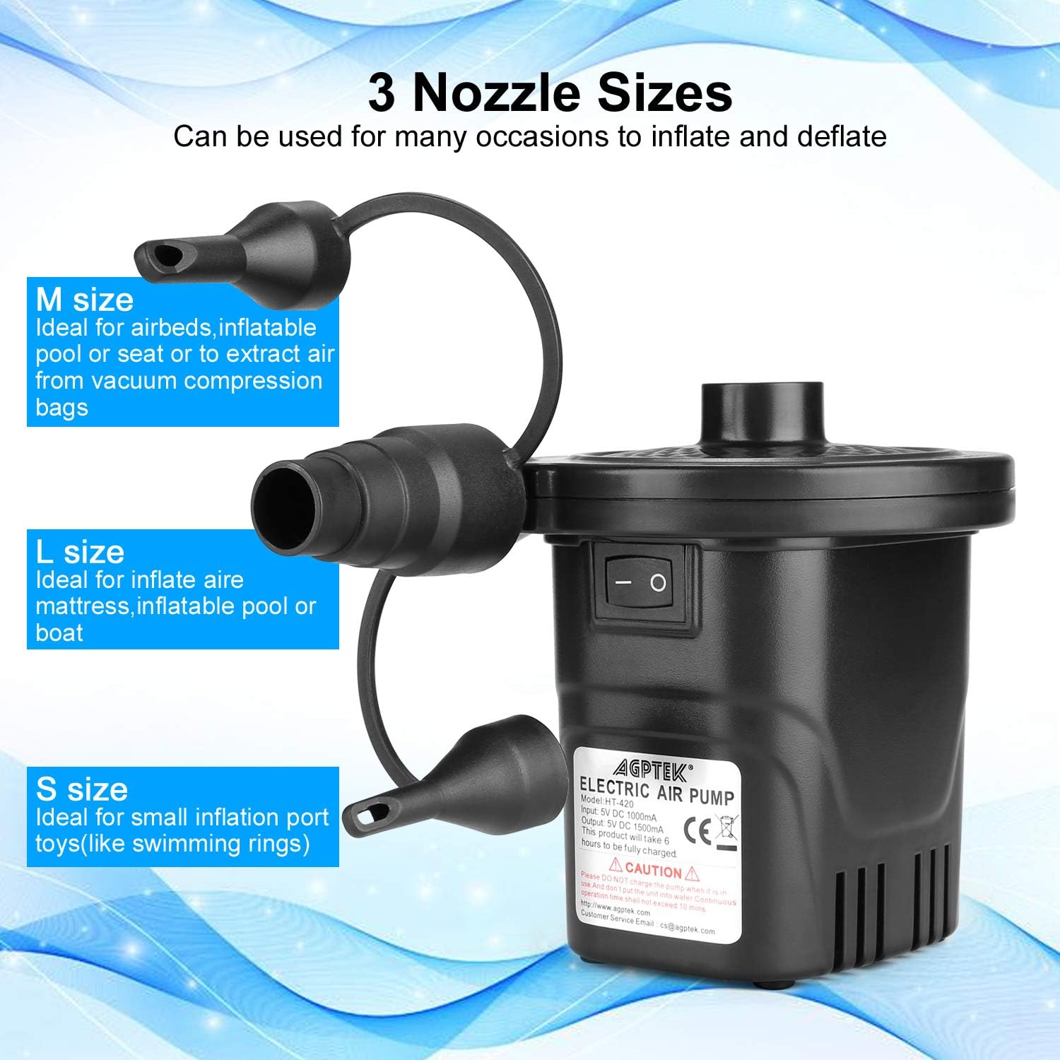 Rechargeable Air Pump, AGPTEK Electric Air Pump Quick-Fill Inflator & Deflator with 3 Nozzles, Lightweight & Portable Rechargeable Air Pump Perfect for Air Beds, Air Mattresses, Pool Toys & Inflatable: Sports & Outdoors