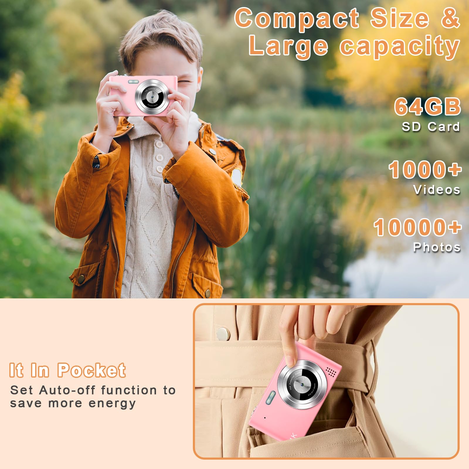 Digital Camera, Camera for Kids, UHD 4K 48MP Point and Shoot Digital Cameras with 64GB SD Card and 16X Digital Zoom Anti Shake, Compact Portable Small Gift for Boys Girls Students, Pink