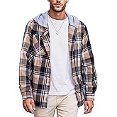 Mens Plaid Button-up Hoodies Loose Fit Long Sleeve Cotton Casual Tops Lightweight Hooded Flannel Shirt with Pockets
