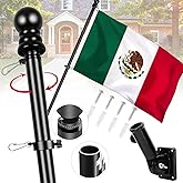 Mexico Flag with Poles for Outside House, 6ft Aluminum No Tangle Spinning Flag Pole, 180° Multi- Position Mounting Bracket, 3x5 ft Nylon Mexican Flag, Wind Resistant Rust Free Kit (Black)