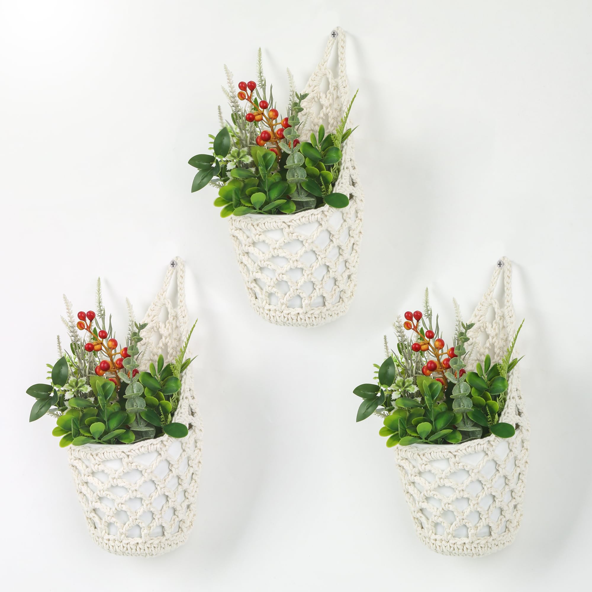 Macrame Hanging Baskets, Set of 3 Boho Decorative Hanging Baskets, Wall Vases & Hanging Flower Pots, for Indoor & Outdoor, Garden, Balcony, Window, Living Room - Beige