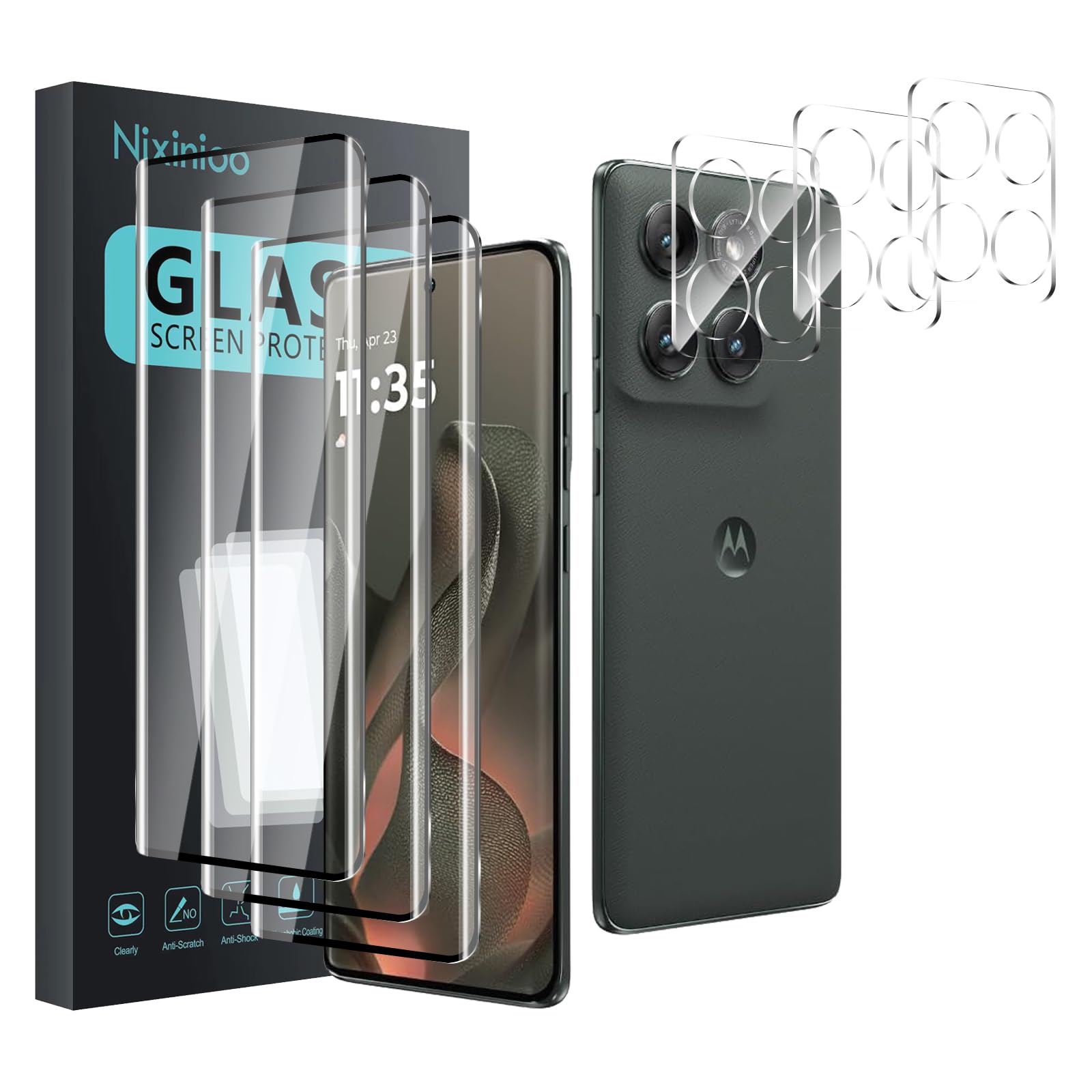 Nixinioo 3 Pack Tempered Glass Screen Protector for Motorola Moto Edge 2025 +3 Pack Camera Lens Protector, Anti-Fingerprint, 9H Hardness, Scratch Resistant, 3D Curved Tempered Glass Film, HD Clear