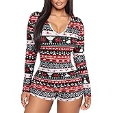 RUEWEY Women V-Neck Shorts Jumpsuit One Piece Bodysuit Pajama Long Sleeve Bodycon Rompers Overall