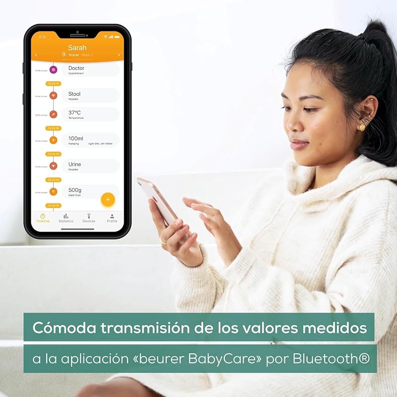 BY 90 Báscula para bebés con aplicación (iOS + Android) cinta métrica integrada, capacidad de carga de 20 kg y función de retención para bebés que dan patadas