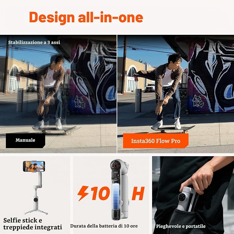 Flow Pro - Stabilizzatore per smartphone con IA, supporto Apple DockKit, Tracciamento Panoramico Infinito 360º, Stabilizzazione a 3 assi, Treppiede + Selfie Stick integrati, Tracciamento IA