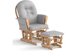 Costzon Nursery Glider with Ottoman, Upholstered Comfort Glider Rocker with Padded Cushion, Storage Pocket, Solid Wood Base, Rocking Chair Nursery for Breastfeeding, Napping (Natural)