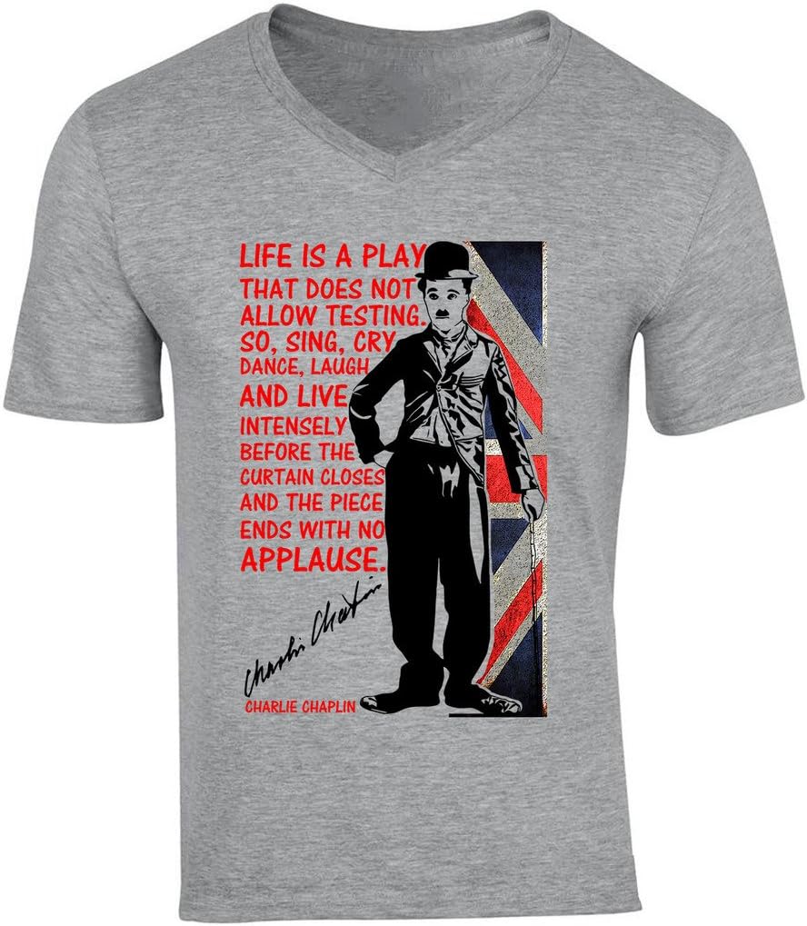 Teesquare1st Men's CHARLIE CHAPLIN LIFE IS A PLAY QUOTE NEW GREY COTTON MAN VNECK TSHIRT