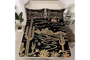 jejeloiu Western Fitted Sheet with 2 Pillowcases Queen Size Desert Cactus Bed Sheets Set 16" Deep Pocket Boys Girls Black Bro