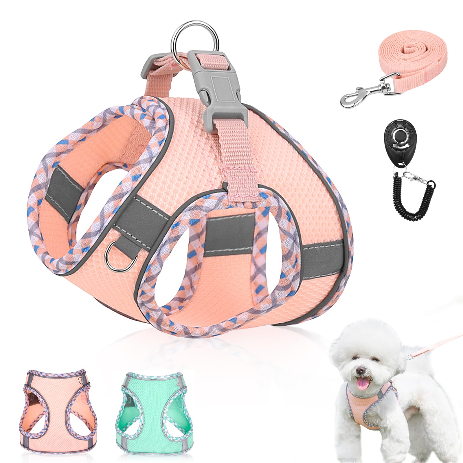 Dog Harness and Leash Set,Soft Mesh Breathable Dog Vest Harness with Training Clicker,Adjustable No Pull Reflective Pet Vest Harness with Safety Buckle for Small Medium Dogs, Cats, Puppies (Pink, M)