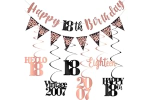 KIRCIRX 18th Birthday Decorations for Girls, Black Rose Gold Happy 18th Birthday Banner Hanging Swirls Vintage 2007 Birthday Decorations Kit Hello 18 Party Supplies