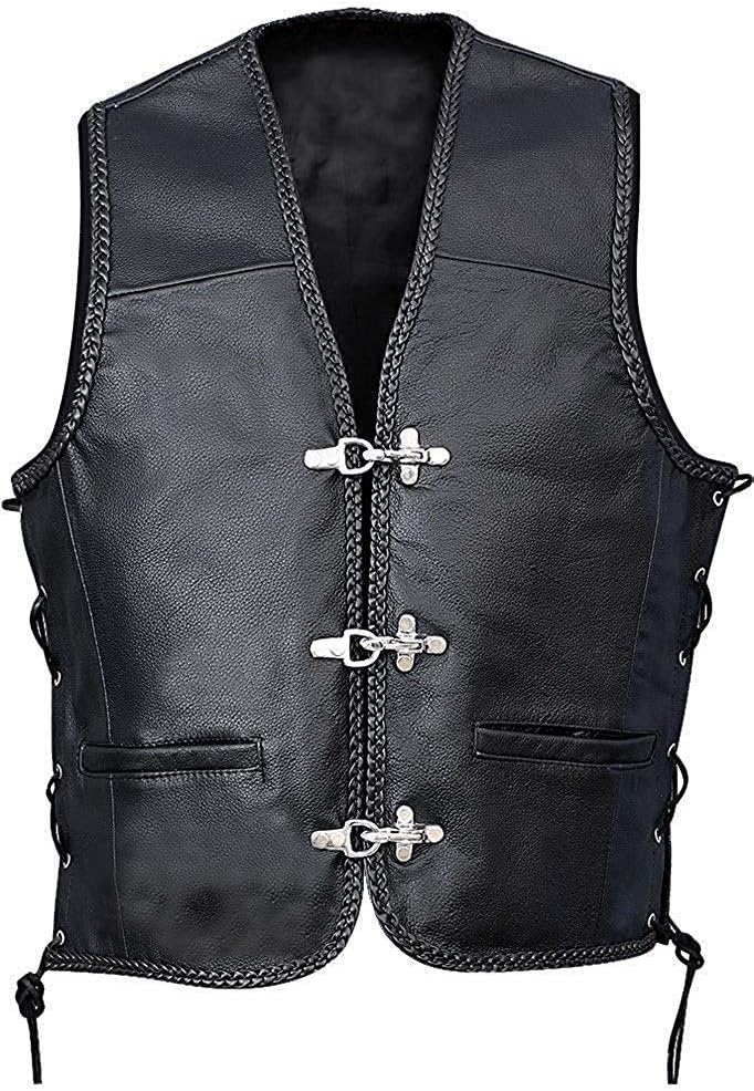 Men’s Fish Hook Buckle Biker Rider Black Authentic Leather Vest