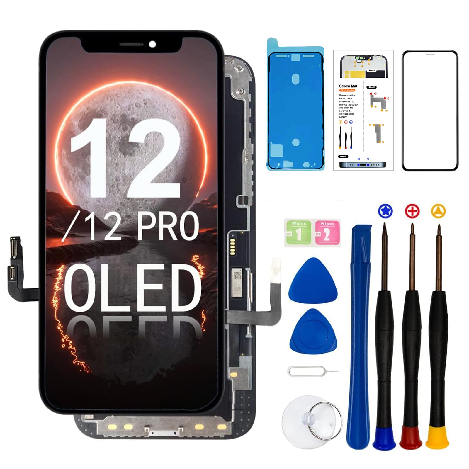 SIMDOG for iPhone 12/12 Pro OLED Screen Replacement Kit [ NOT LCD ] 6.1 inch Full HD Display 3D Touch Screen Digitizer Full Assembly + Repair Tools + Screen Protector