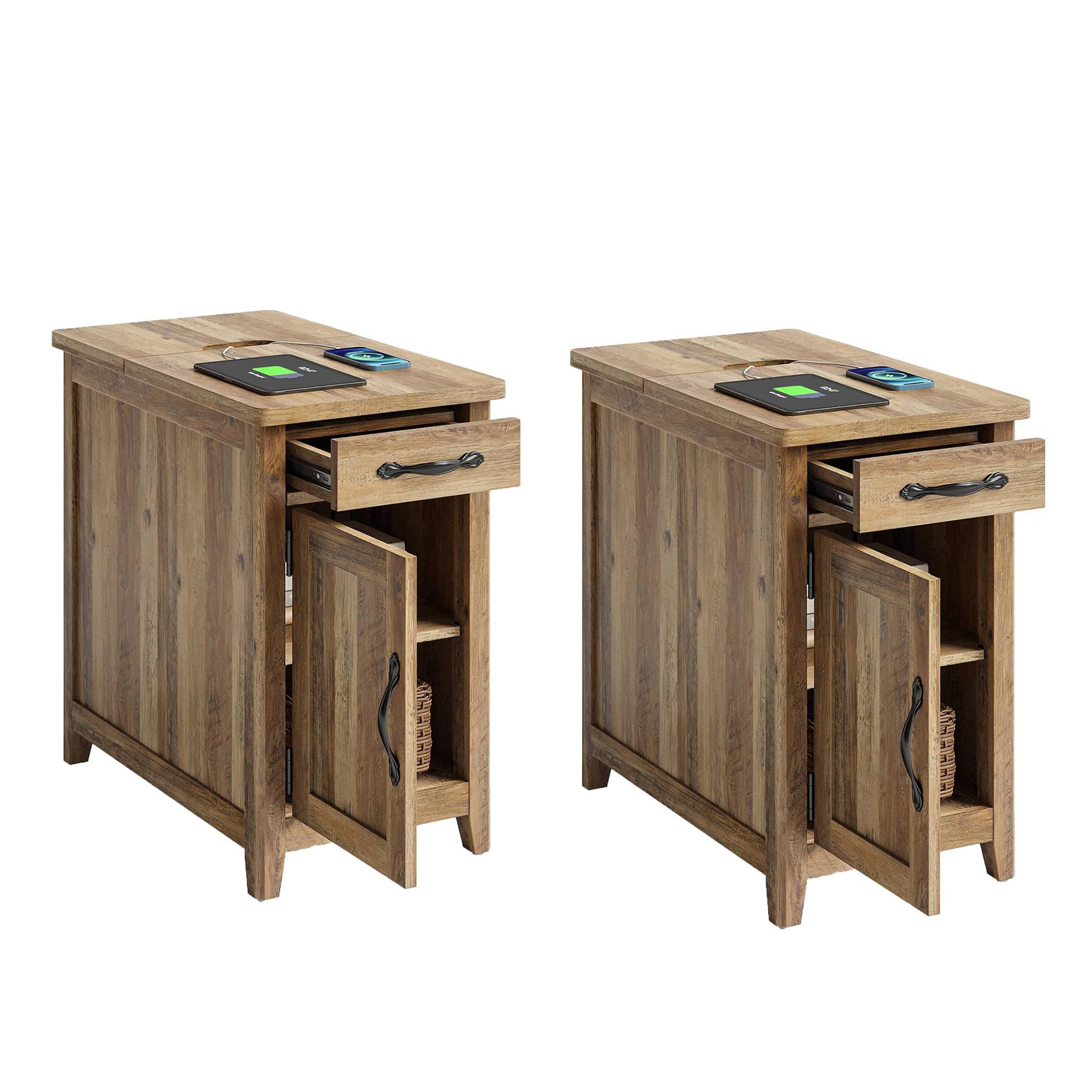 Photo 1 of ***PARTIAL SET*** LINSY HOME End Table Set of 2 with Charging Station, Modern Farmhouse Sofa Couch Side Table, Wooden Bedside Table for Living Room Bedroom, Narrow Nightstand with Storage for Small Space, Brown