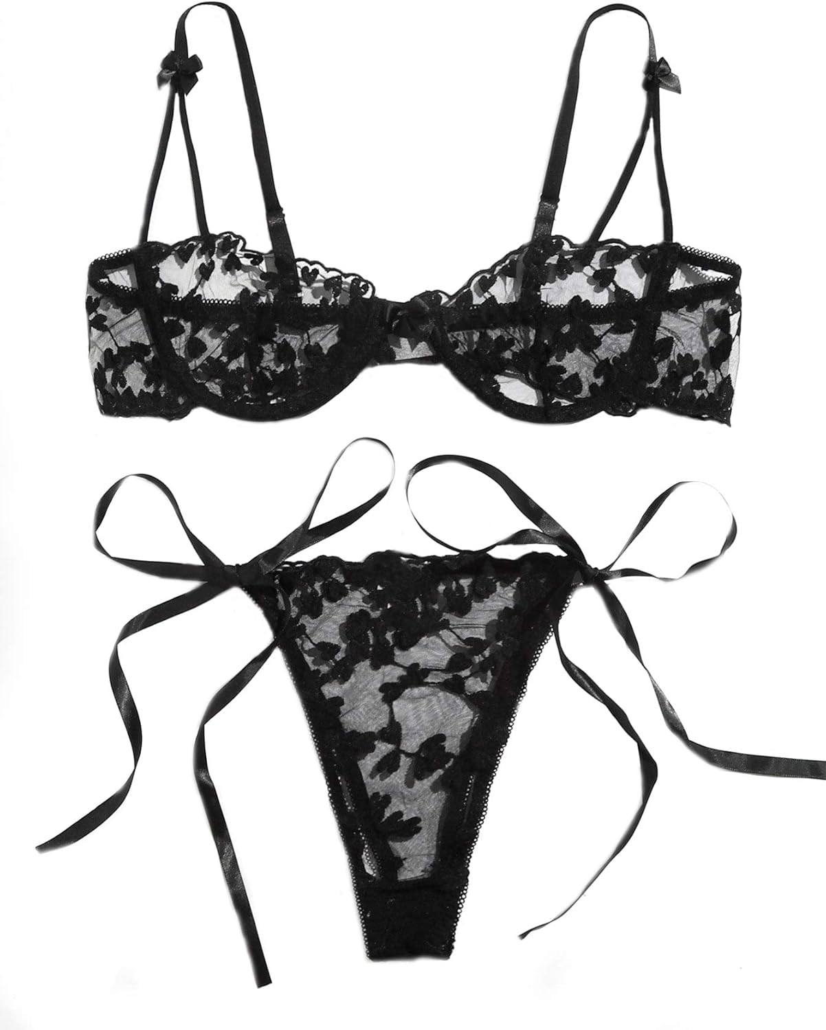 SheIn Women's 2 Piece Heart Embroidered Mesh Underwire Bra