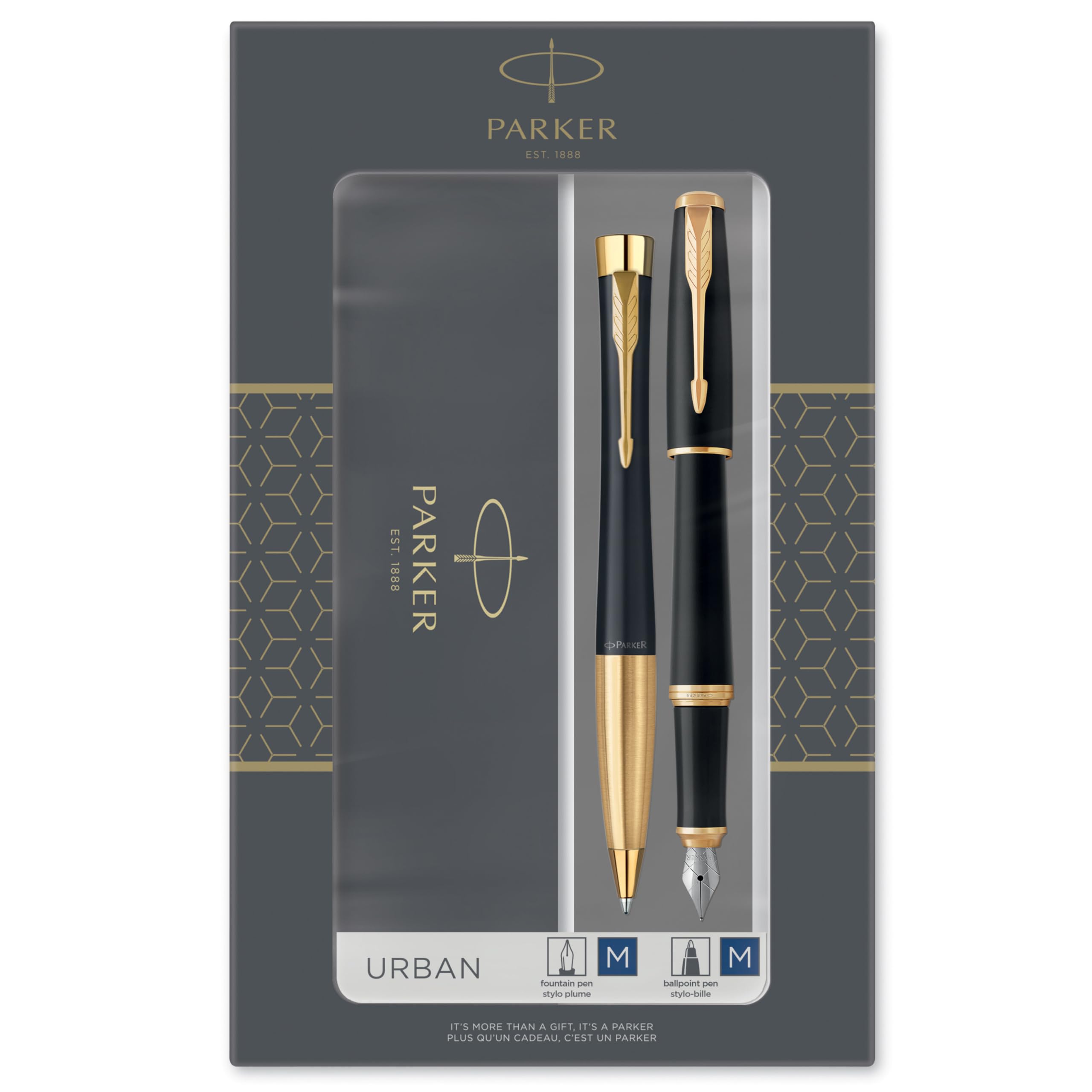 Parker Urban Duo Gift Set with Ballpoint Pen & Fountain Pen| Muted Black with Gold Trim | Blue Ink Refill & Cartridge