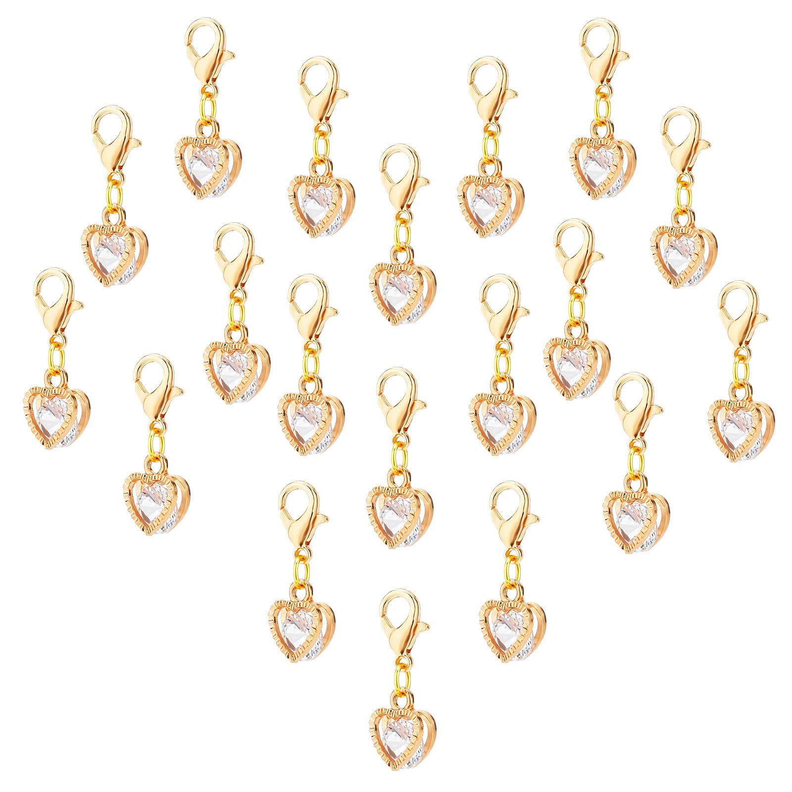 PH PandaHall Cubic Zirconia Charms, 50pcs Heart Crystal Charms Delicate Shiny Tiny Dangles with Gold Lobster Clasps for Handbag Decoration Key Chain Jewellery, Metal