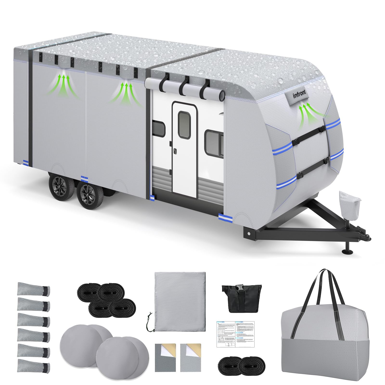 Photo 1 of ***The photo and description is only to the reference***Agricasst RV Cover Fits 20-22ft Travel Trailer, 7 Layers Heat & Cold Protection Travel Trailer Cover with 4 Zippered Access Panels Design, Carry Bag, Windproof Straps, 4 Tire Covers, Gutter Covers