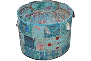 Aakriti Gallery Indian Pouf Footstool Ethnic Embroidered Pouf Cover, Indian Cotton Round Pouffe Ottoman - Cover Only (Turquoise, 22x14)