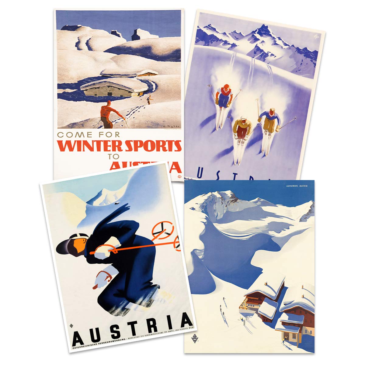 Wee Blue Coo Austria Skiing Travel Winter Sport Snow Alps Unframed Wall Art Print Poster Home Decor Premium Pack of 4