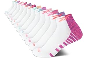 Reebok Girls' Quarter Socks - 12 Pack Stretch Performance Quarter Cut Arch Support Socks - Cushioned Athletic Socks for Girls