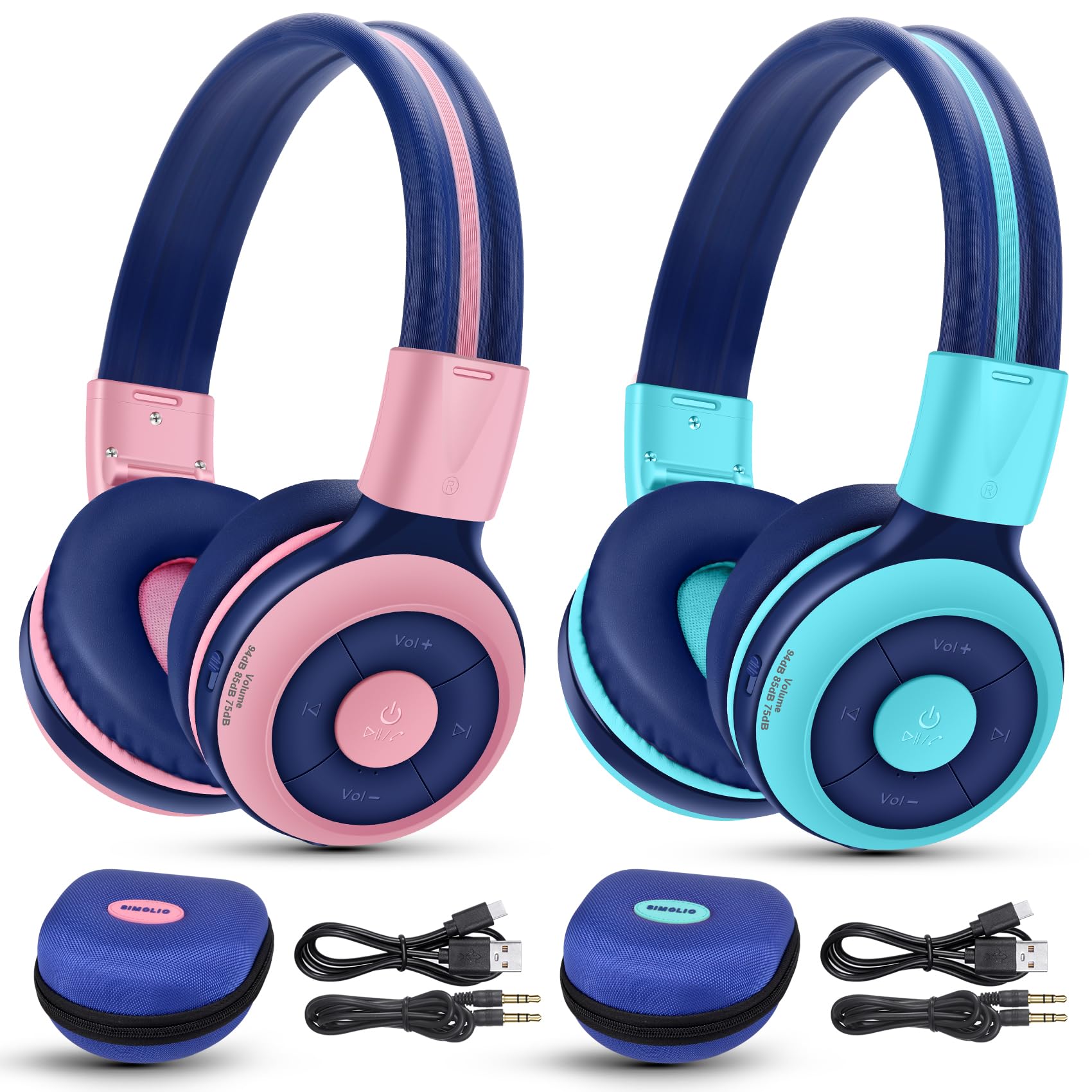 2 Pack of SIMOLIO Wireless Headphones for Kids, Bluetooth Kids Headphone with Mic, Volume Limiter, Hard Case for Girls Boys,Teens, Children Earphones for iPad/Phone/Tablet/PC (Pink,Mint)