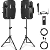 Wireless Portable PA Speaker System - 1800W High Powered Bluetooth Compatible Active + Passive Pair Outdoor Sound Speakers w/ USB SD MP3 AUX - 35mm Mount, 2 Stand, Microphone, Remote - Pyle PPHP1249KT