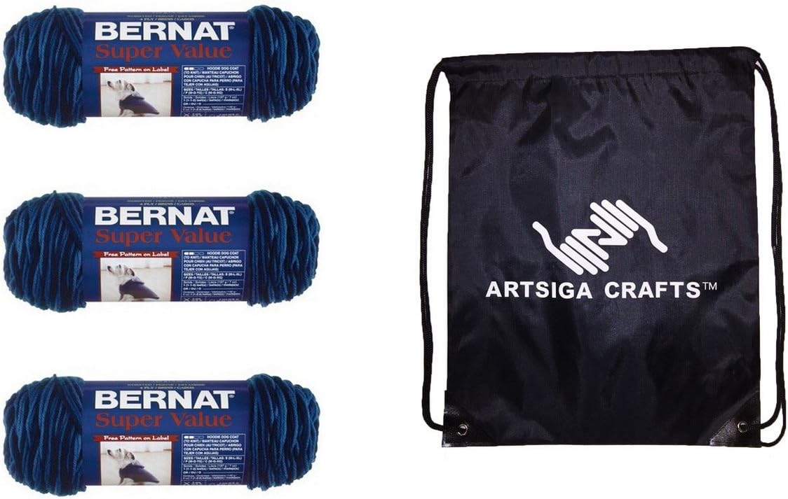 Bernat Knitting Yarn Super Value Ombre Denim 3-Skein Factory Pack (Same Dyelot) 164128-28115 Bundle with 1 Artsiga Crafts Project Bag