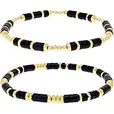 BXDA Black Natural Stone Beaded Stack Bracelets Set for Women, Minimalist Handmade Adjustable Gold Beads Stretch Bracelet Everyday Fashion Jewelry Gift.