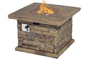 SUNBURY Outdoor Propane Fire Pit, Square Stonecrest Gas Fire Pit for Outside Patio, Concrete Propane Fire Table 50,000 BTU Gas Fire Pit w Lava Rocks, Waterproof Cover