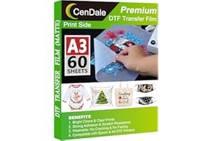 CenDale DTF Transfer Film - A3 (11.7" x 16.5") 60 Sheets Double-Sided Matte Clear PreTreat Sheets- PET Film Sheets DTF for DIY Direct Print on T-Shirts Textile