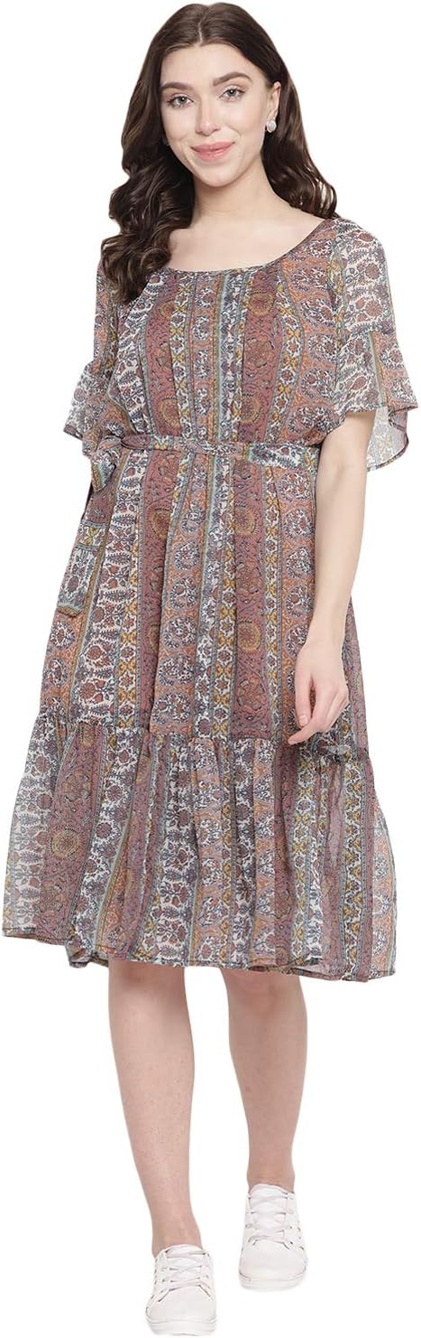 Abiti Bella Women's ChiffonMidi(Multi,ABDR21703)