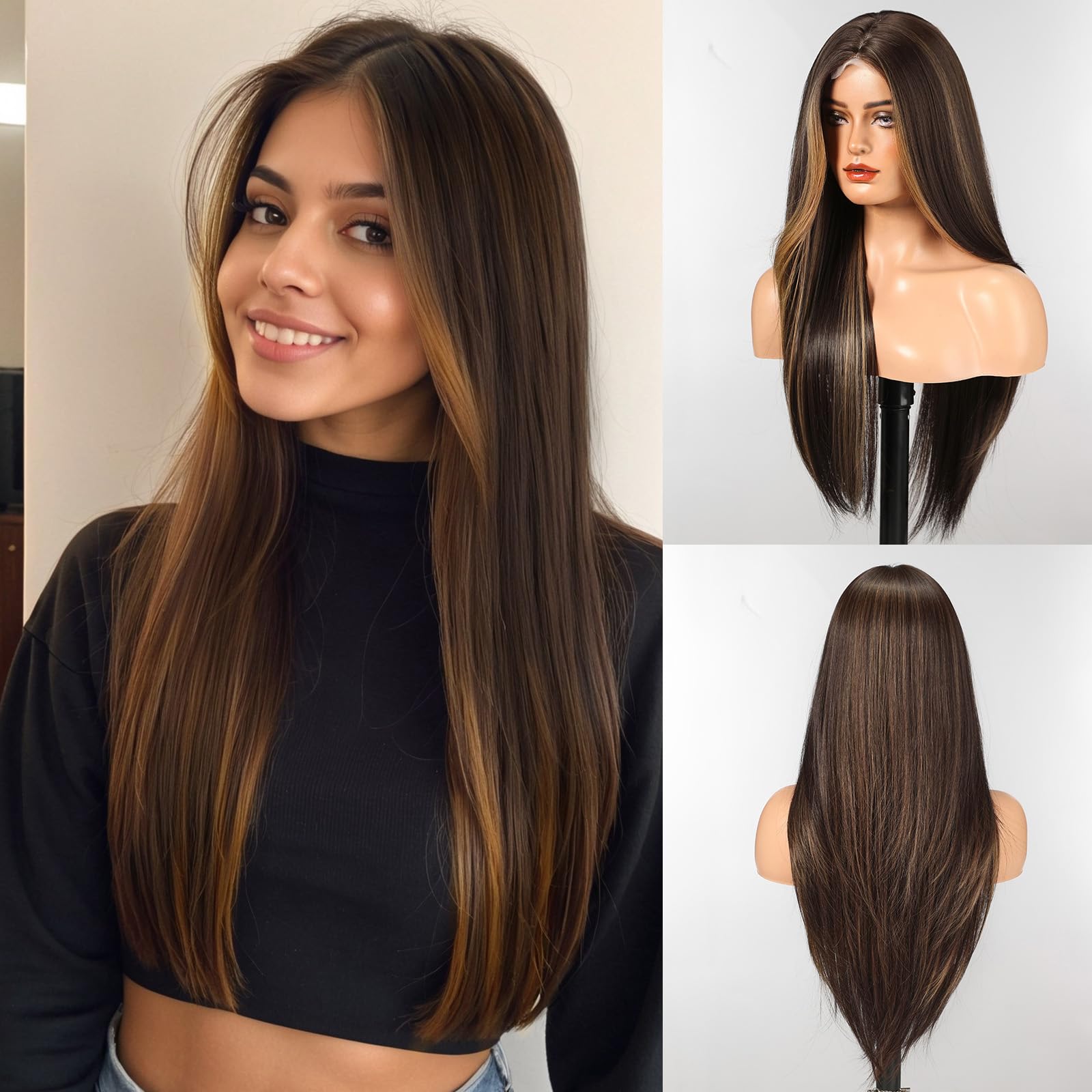 WOKESTAR Long Wigs for Women Synthetic Heat Resistant Hair with Fringe Natural Wigs for Daily Use Mixed Brown Color