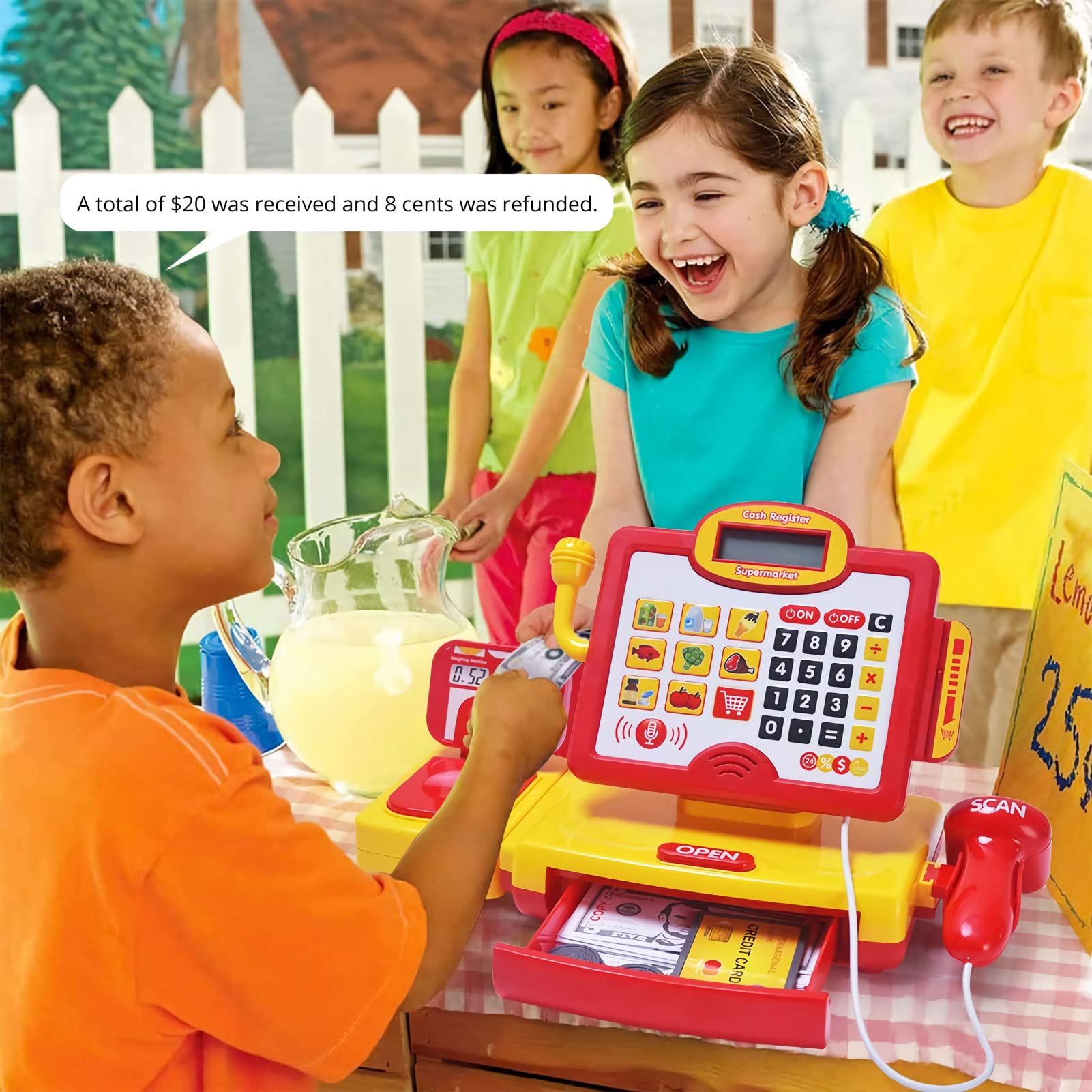FS Pretend Play Cash Register Toy with True Barcode Scanner & Calculator, Microphone, Play Food, Supermarket Cashier, Great Pre-School Gift Cash Register for Kids Boys & Girls, Ages 3 4 5 6 8